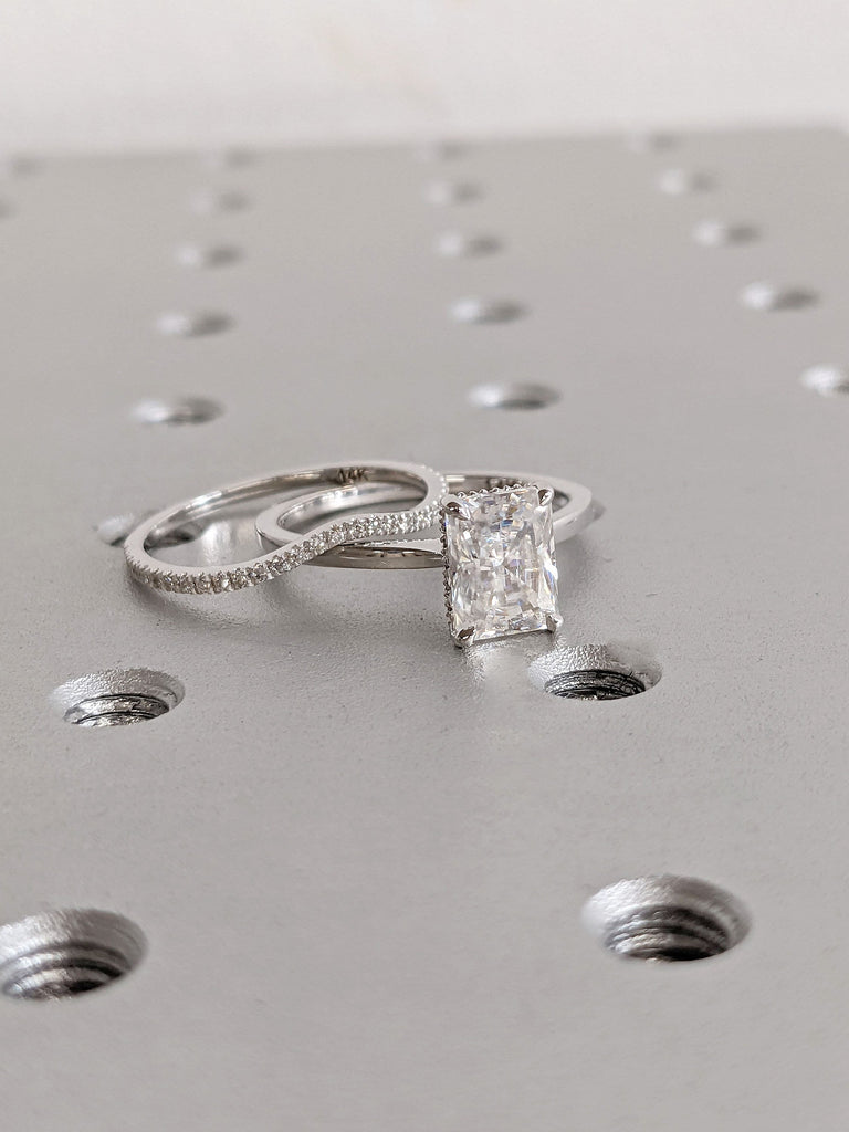 Radiant cut Lab Diamond Wedding Ring Set. Diamond Hidden Halo. White Gold Platinum Matching Curved Diamond Eternity Ring