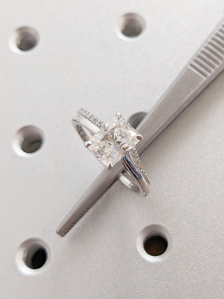 Platinum Radiant Cut Lab Created Women Proposal Ring | Unique Rectangular Lab Diamond Bridal Set, Matching Natural Diamond Half Eternity Band