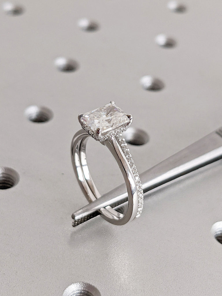 Solid Gold Radiant Cut Lab Grown Diamond Women Wedding Anniversary Ring Set. Unique Rectangular Lab Created Diamond Bridal Set, Stacking Half Eternity Band