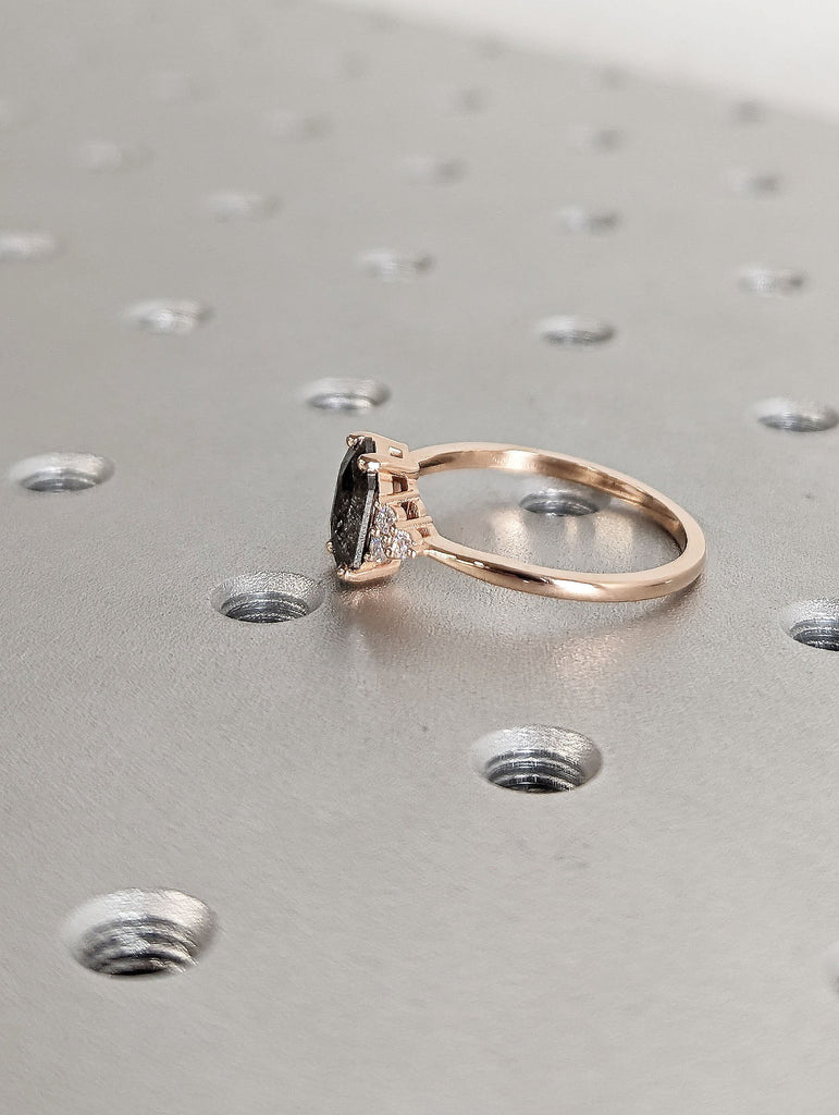 Rose Gold Hexagon Cut Salt and Pepper Diamond Unique Dainty Proposal Ring | Solid Gold Multi Stone Diamond Wedding Anniversary Ring