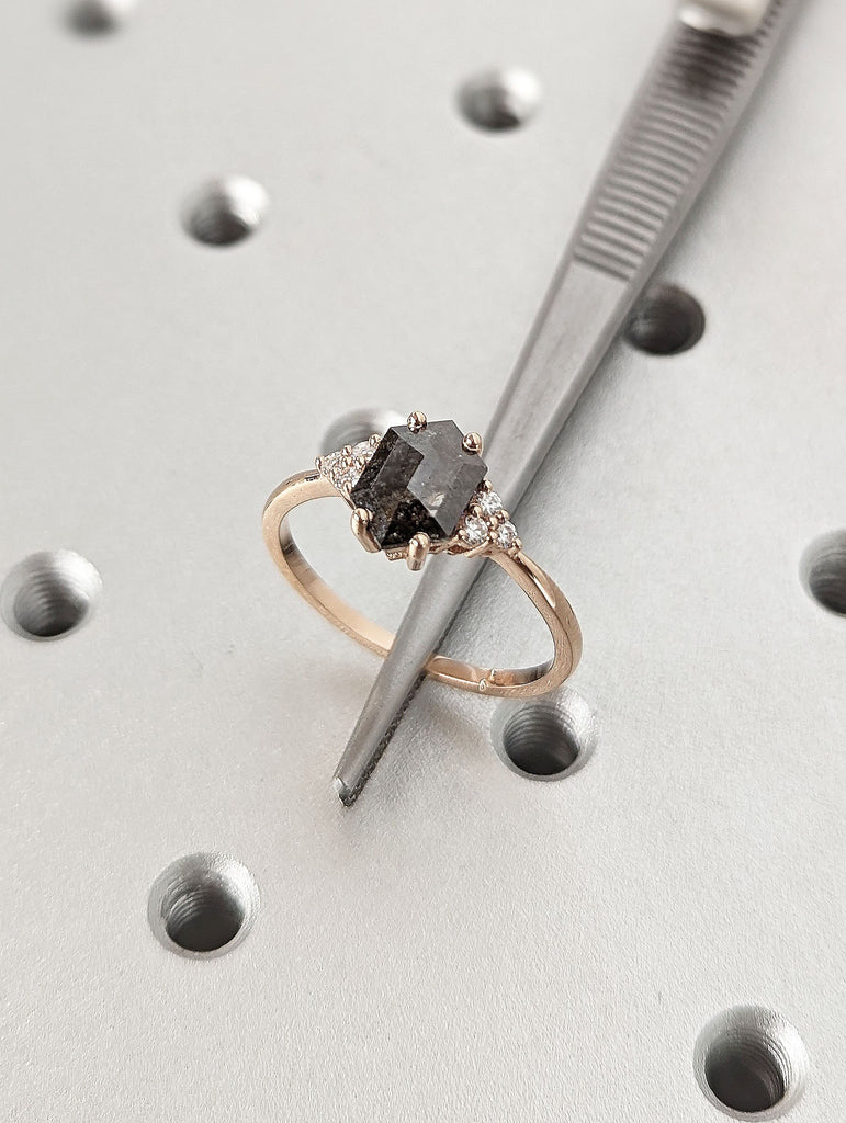 1ct Hexagon cut Natural Salt and Pepper Galaxy Diamond Women Engagement Cocktail Ring | 14K 18K Rose Gold Moissanite Cluster Promise Ring