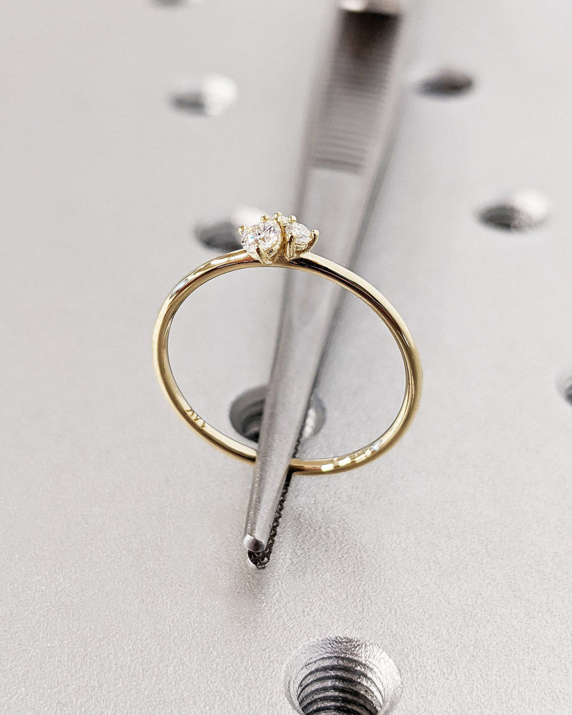 Simple Three Stone Diamond, Moissanite or Lab Grown Diamond Cluster Dainty Women Engagement Ring. Solid Gold or Platinum Wedding Band