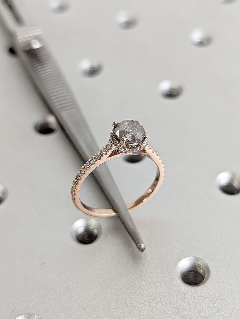 Round cut Natural Salt and Pepper Grey Diamond Hidden Halo Women Engagement Cocktail Ring | 14K 18K Rose Gold Half Eternity Wedding Band