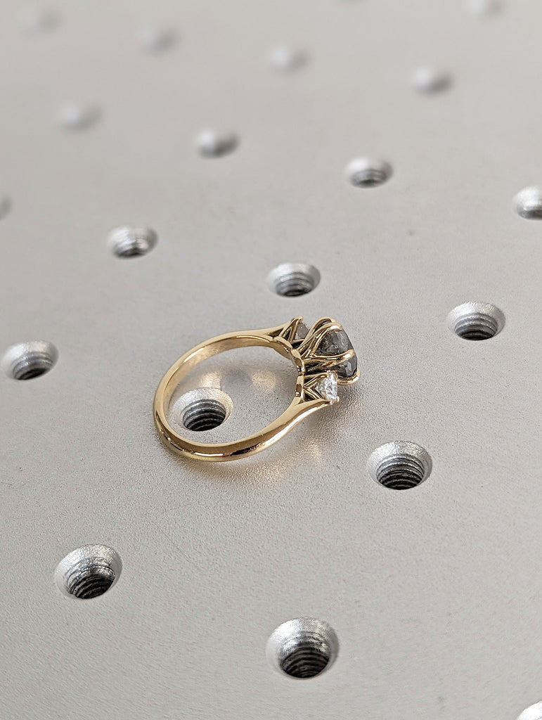 2ct Salt and Pepper Grey Diamond 3 Stone Trilogy Wedding Anniversary Ring | Art Deco Multi Stone Solid Gold Unique Proposal Ring for Her