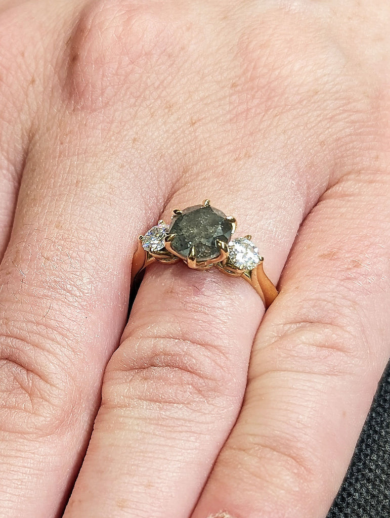 2ct Salt and Pepper Grey Diamond 3 Stone Trilogy Wedding Anniversary Ring | Art Deco Multi Stone Solid Gold Unique Proposal Ring for Her