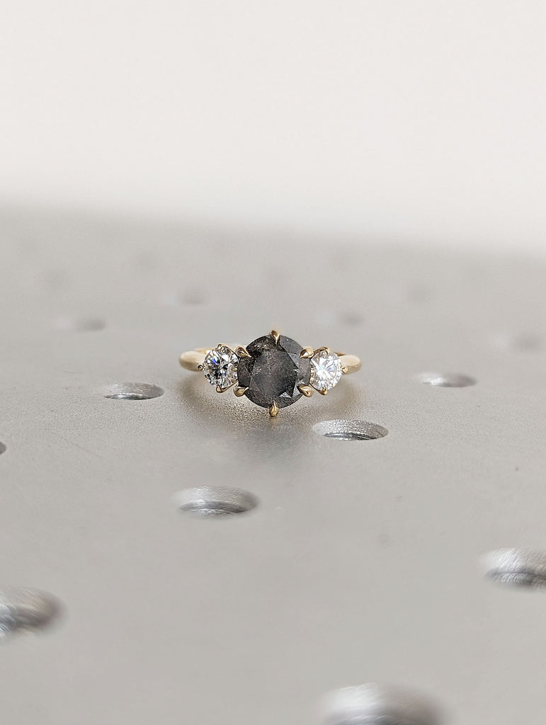 Round cut Natural Salt and Pepper Diamond Trellis Women Engagement Cocktail Ring | 18K Yellow Gold Polished Three Stone Wedding Band for Her