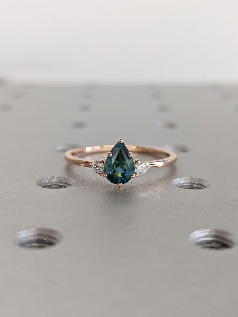 One of a Kind Montana Sapphire Ring, Pear Teal Sapphire Diamond/Moissanite Trellis Ring, Vintage Inspired Peacock Sapphire Engagement Ring