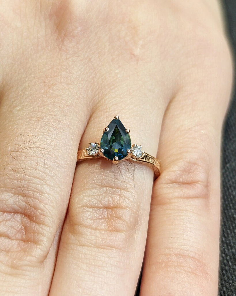 One of a Kind Montana Sapphire Ring, Pear Teal Sapphire Diamond/Moissanite Trellis Ring, Vintage Inspired Peacock Sapphire Engagement Ring