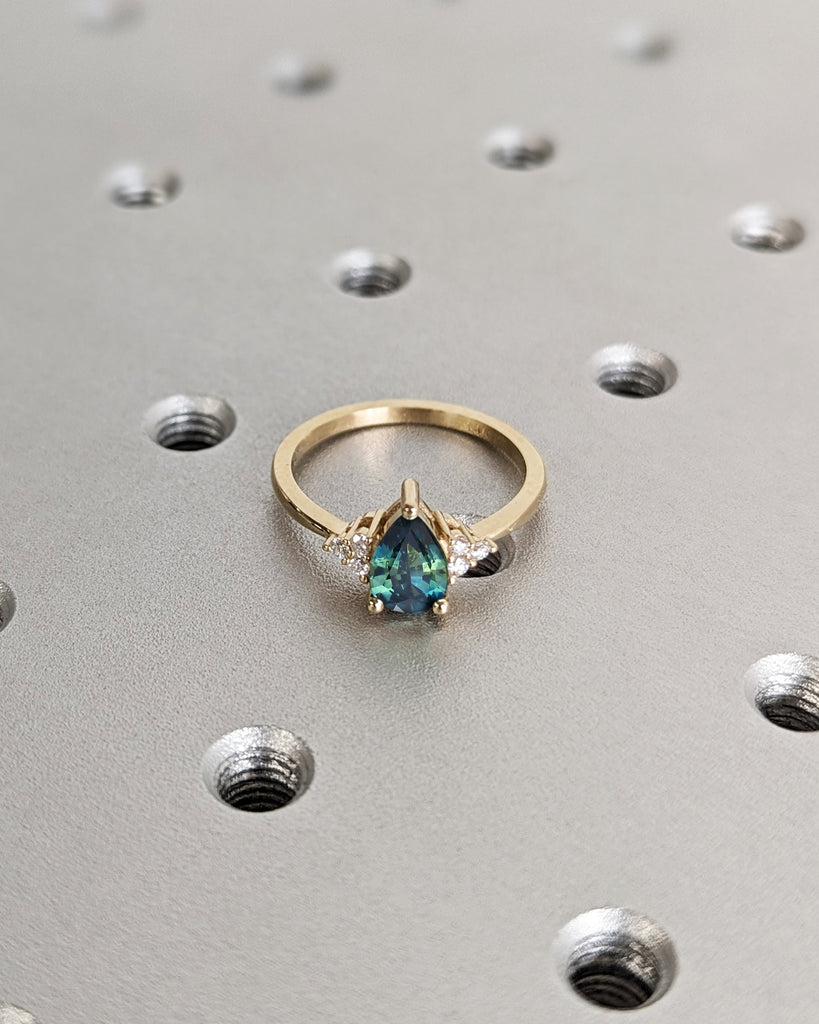 One of a Kind Montana Sapphire Ring, Pear Teal Sapphire Diamond/Moissanite Cluster Ring, Vintage Inspired Peacock Sapphire Engagement Ring