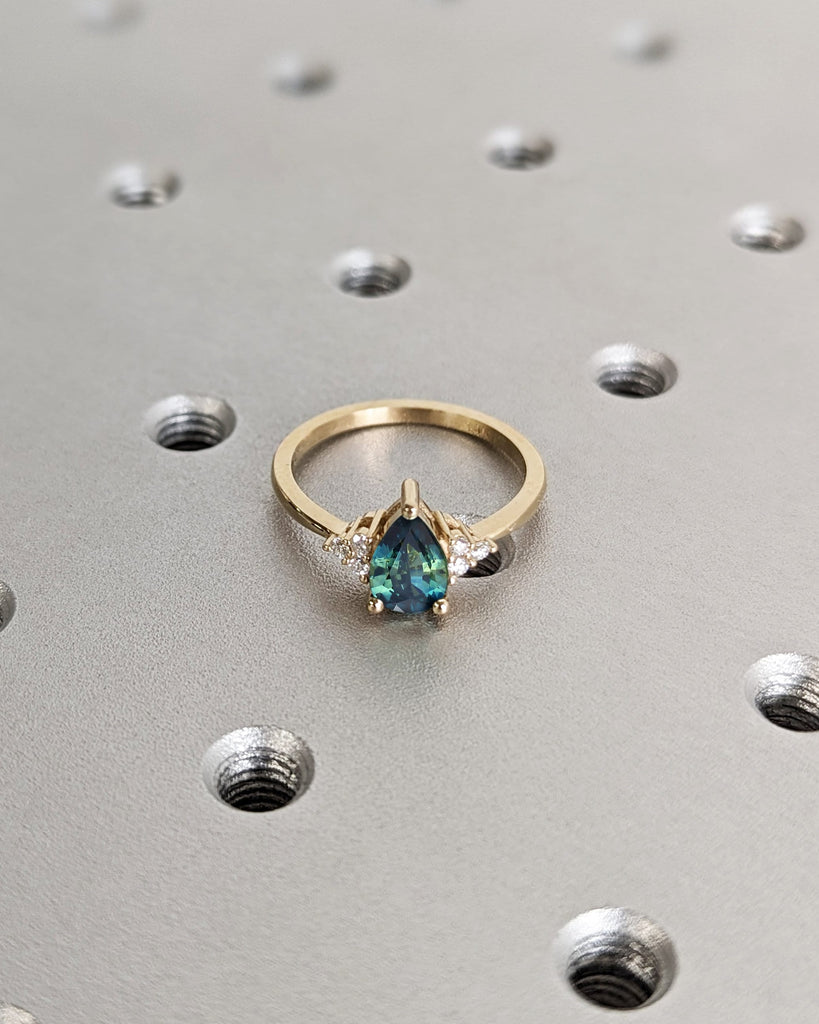 Pear cut Teal Peacock Sapphire with Moissanite Cluster Yellow Gold Art Deco Proposal Anniversary Ring for Her | Alternative Bridal Jewelry