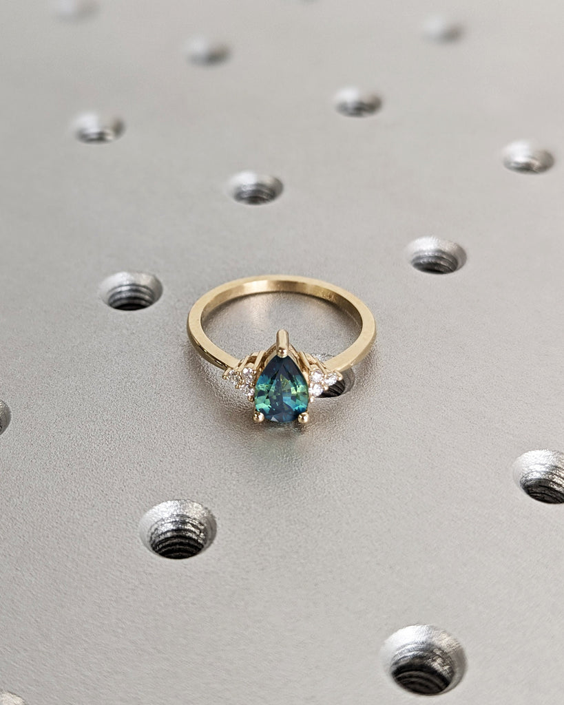 Green Montana Sapphire with Diamond Cluster Women Engagement Cocktail Ring | 14K 18K Yellow Gold September Birthstone Ring | Unique Gift