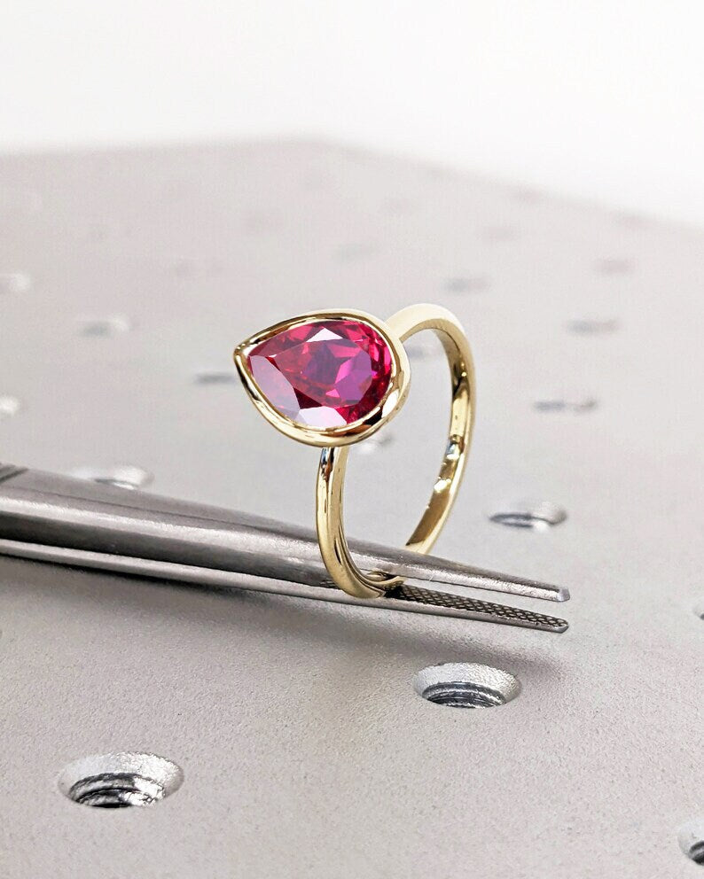 Bezel Set Ruby Ring 14K Solid Yellow Gold Gemstone Engagement Ring For Women -Dainty Promise Ring July Birthstone Anniversary Gift For Her