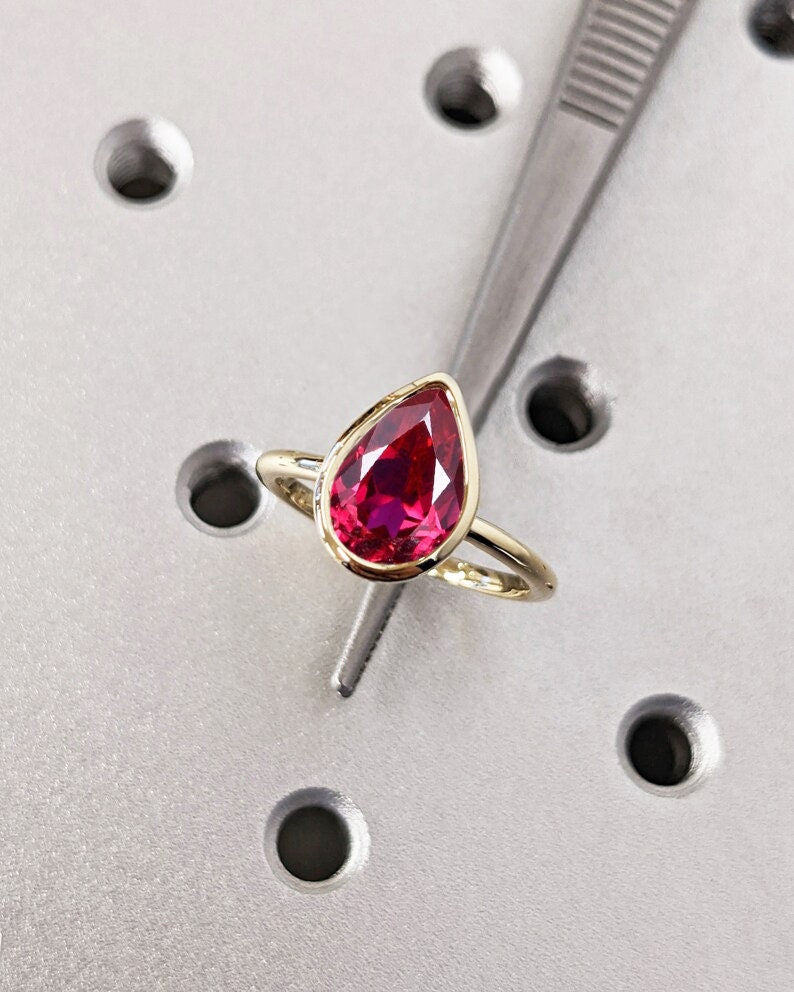Bezel Set Ruby Ring 14K Solid Yellow Gold Gemstone Engagement Ring For Women -Dainty Promise Ring July Birthstone Anniversary Gift For Her