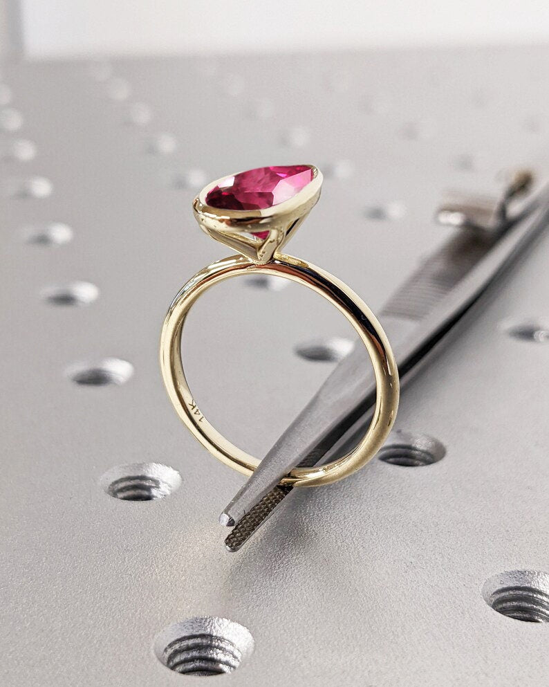 Bezel Set Ruby Ring 14K Solid Yellow Gold Gemstone Engagement Ring For Women -Dainty Promise Ring July Birthstone Anniversary Gift For Her