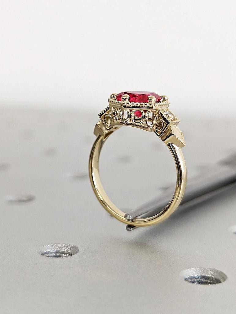 14K Solid Gold Ruby July Birthstone Ring, Round Cut Diamond Trellis Ring, Vintage Dainty Ruby Ring, Stackable Red Gemstone Handmade Jewelry