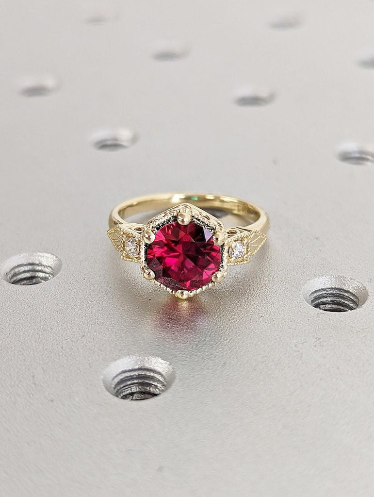 14K Solid Gold Ruby July Birthstone Ring, Round Cut Diamond Trellis Ring, Vintage Dainty Ruby Ring, Stackable Red Gemstone Handmade Jewelry