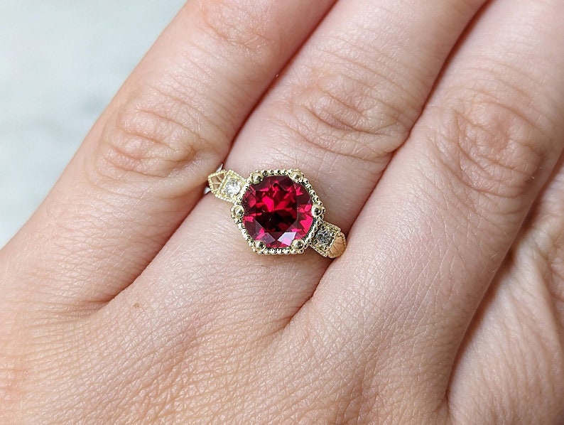 14K Solid Gold Ruby July Birthstone Ring, Round Cut Diamond Trellis Ring, Vintage Dainty Ruby Ring, Stackable Red Gemstone Handmade Jewelry