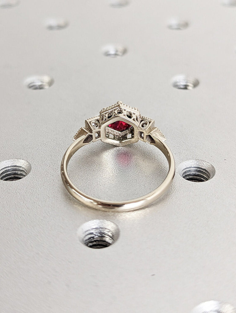 14K Solid Gold Ruby July Birthstone Ring, Round Cut Diamond Trellis Ring, Vintage Dainty Ruby Ring, Stackable Red Gemstone Handmade Jewelry