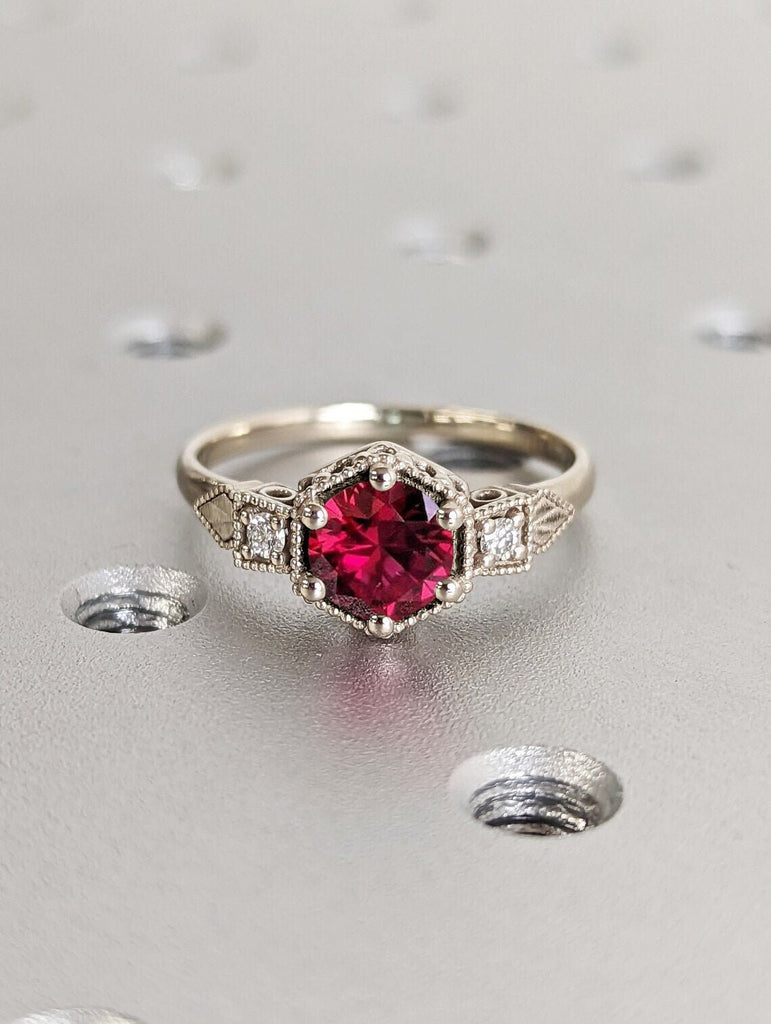 14K Solid Gold Ruby July Birthstone Ring, Round Cut Diamond Trellis Ring, Vintage Dainty Ruby Ring, Stackable Red Gemstone Handmade Jewelry