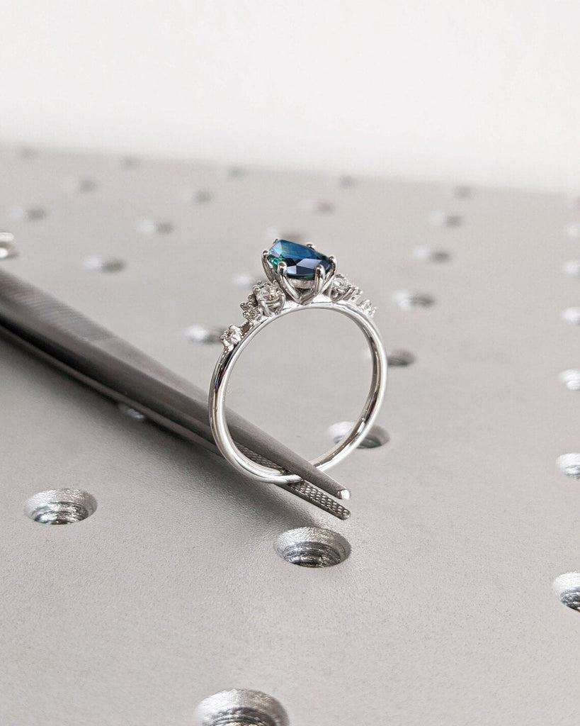 One of a Kind Montana Sapphire Ring, Pear Teal Sapphire, Snowdrift Cluster Ring Six-Prong, Vintage Inspired Peacock Sapphire Engagement Ring