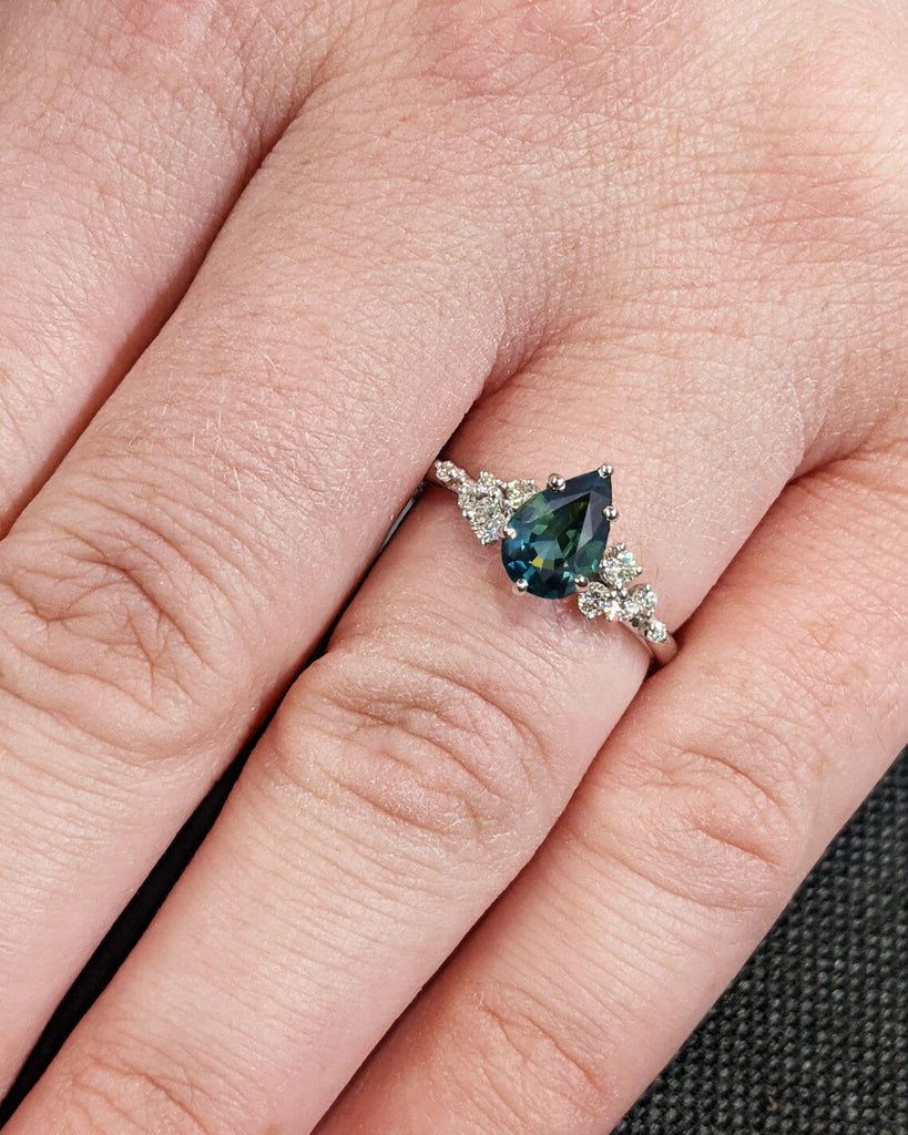 Pear Shape Montana Sapphire Engagement Ring / Unique Snowdrift Cluster Ring with Blue Green Teal Peacock Sapphire / Anniversary Promise Ring