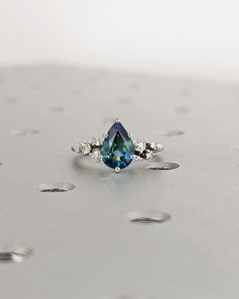 One of a Kind Montana Sapphire Ring, Pear Teal Sapphire, Snowdrift Cluster Ring Six-Prong, Vintage Inspired Peacock Sapphire Engagement Ring