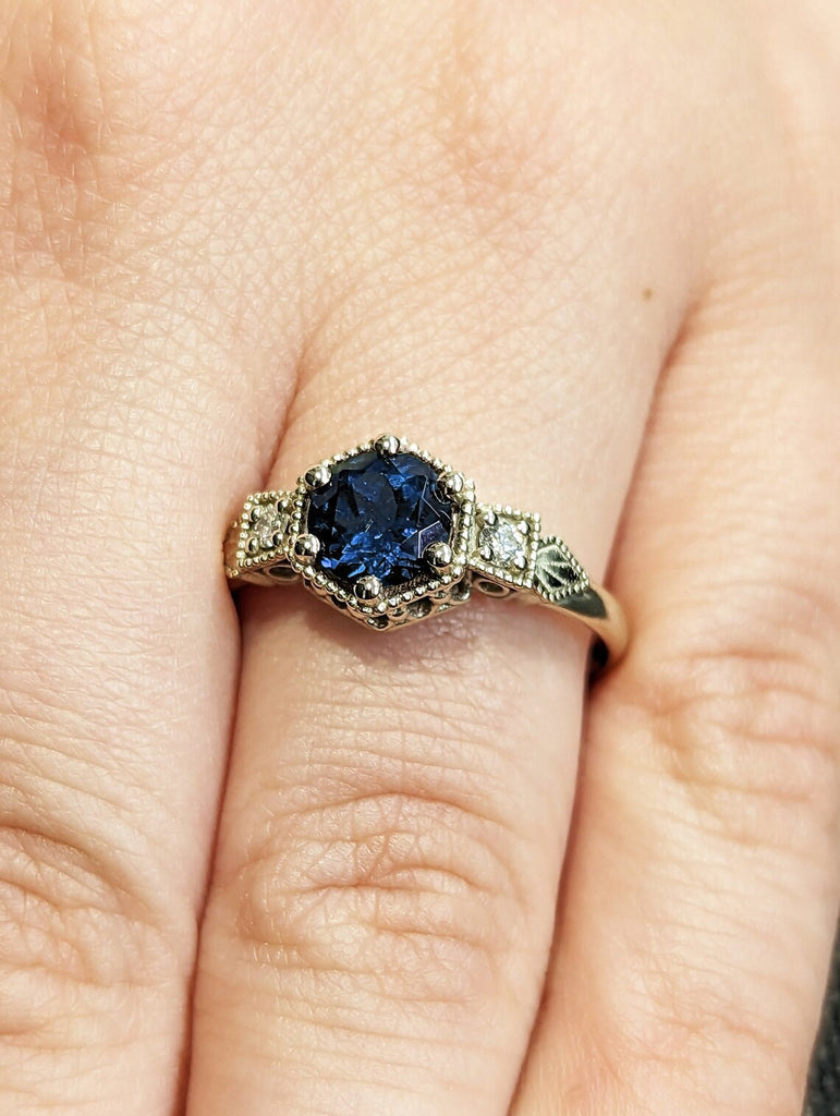 Vintage Sapphire Ring, Blue Gemstone Wedding Ring, Round Cut Gold Ring, Handmade Jewelry, Gift for Her, September Birth Sapphire Stone Ring