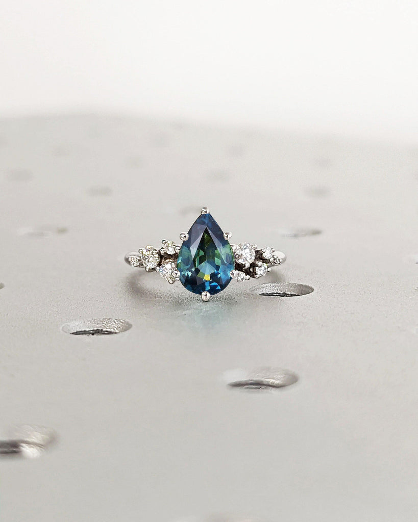 Pear cut Blue Green Natural Montana Peacock Sapphire Women Engagement Cocktail Ring White Gold Diamond Moissanite Snowdrift Cluster Ring