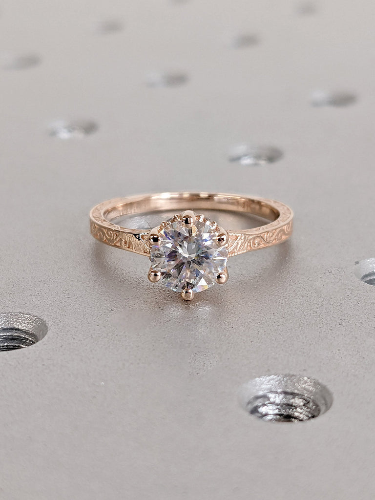Moissanite Hidden Halo 14K Rose Gold Promise Ring for Her. Filigree Engraved Wedding Band