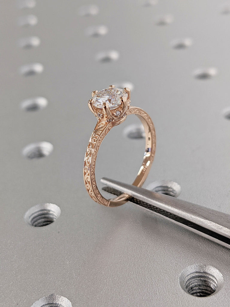 Vintage Inspired Round cut Moissanite Solitaire Hidden Halo Unique Proposal Ring for Her. Rose Gold Filigree Wedding Band