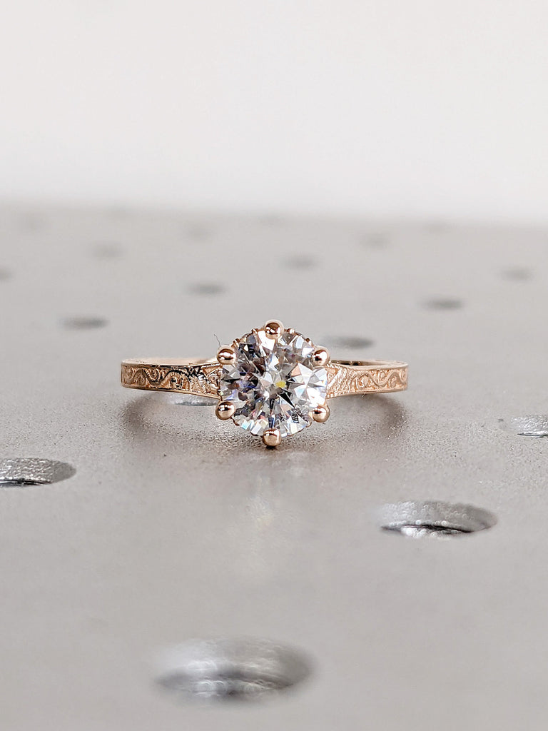 Round cut Lab Created Diamond Solitaire Hidden Halo Rose Gold Engagement Ring for Her. Filigree Gold Band