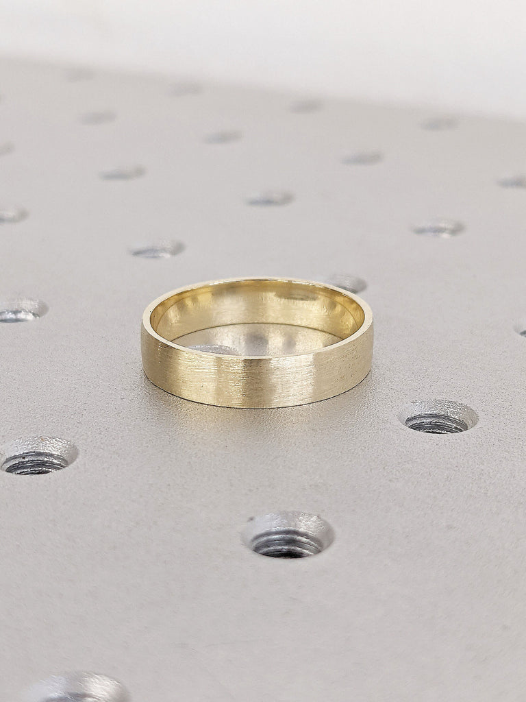 Timeless Flat Mens Wedding Band. 14K Yellow Gold Matte Brushed