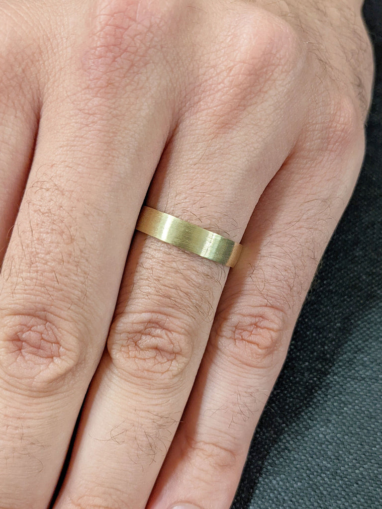 Simple Matte Brushed Wedding Band for Him. Yellow Gold Flat 5mm