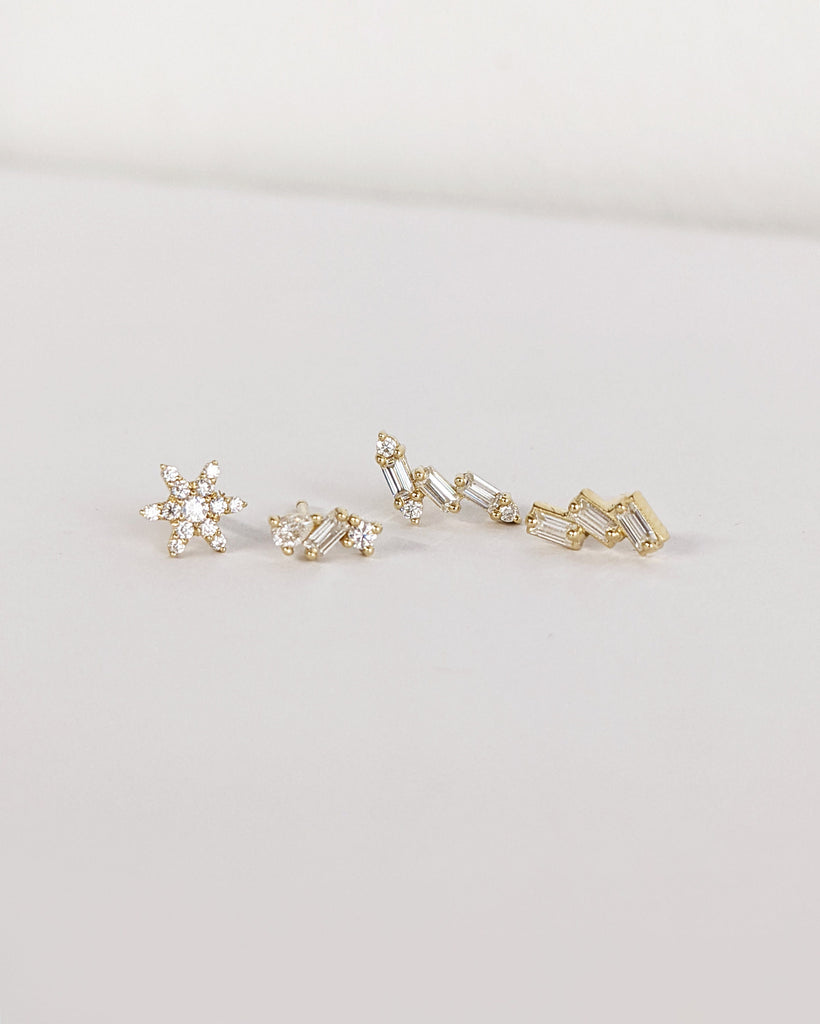 Dainty Single or Half Pair Stud Earring Collection • 14K 18K Solid Gold Stud Earrings • Nature Inspired Diamond Cluster Minimalist Piercings