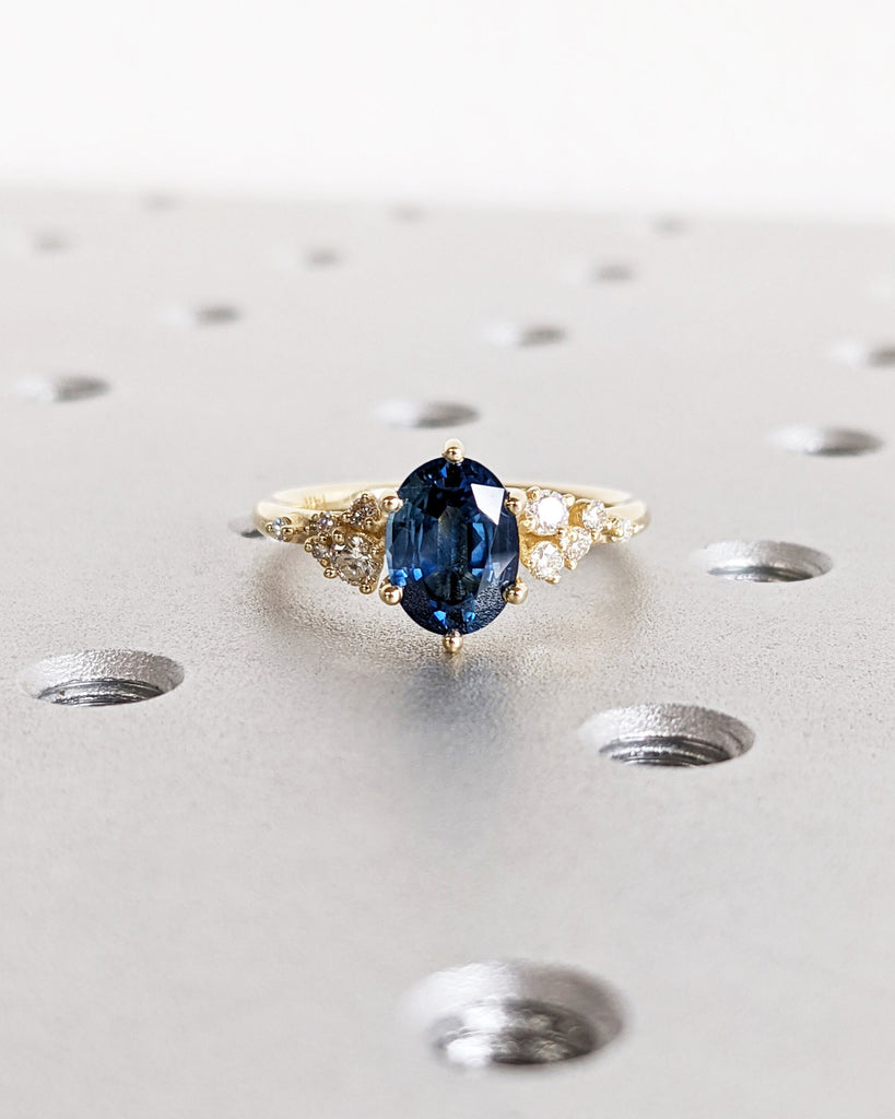 Art Deco Natural Blue Sapphire Engagement Ring For Woman- Snowdrift Cluster- Vintage Sapphire Promise Ring- 14K Gold- September Birthstone