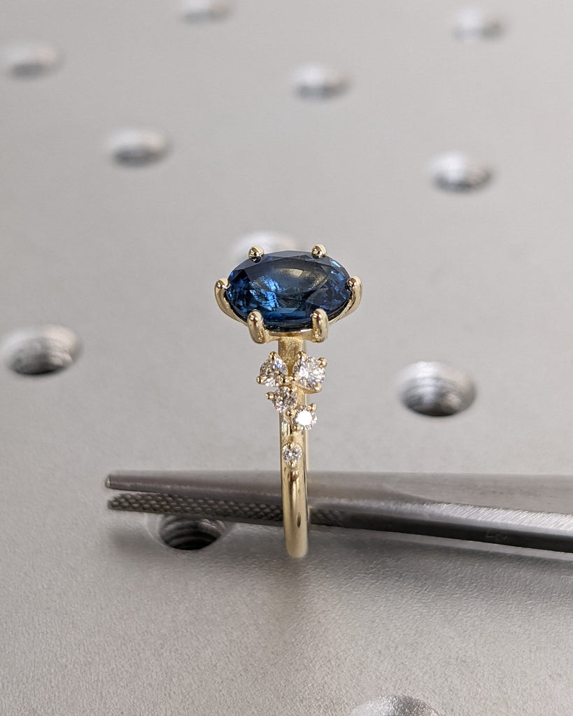 Art Deco Natural Blue Sapphire Engagement Ring For Woman- Snowdrift Cluster- Vintage Sapphire Promise Ring- 14K Gold- September Birthstone