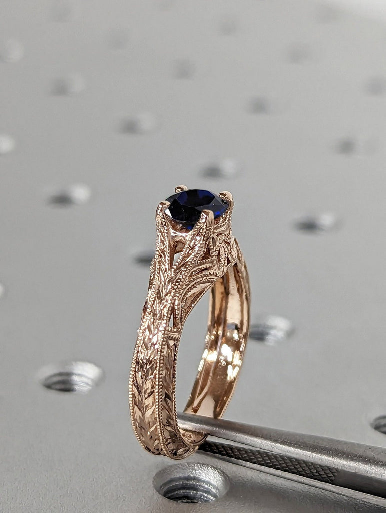 Split Shank Round cut Blue Lab Sapphire Solitaire Wedding Anniversary Cocktail Ring For Her | 14K 18K Rose Gold Milgrain Filigree Jewelry