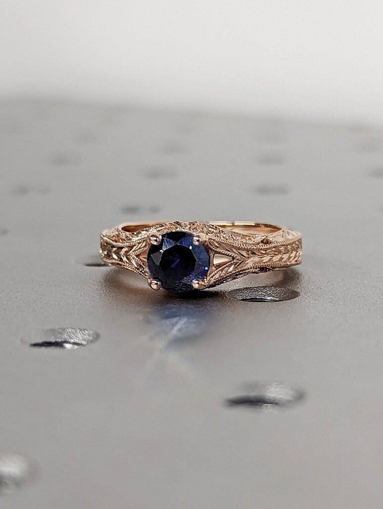 Split Shank Round cut Blue Lab Sapphire Solitaire Wedding Anniversary Cocktail Ring For Her | 14K 18K Rose Gold Milgrain Filigree Jewelry