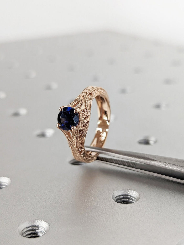 Split Shank Round cut Blue Lab Sapphire Solitaire Wedding Anniversary Cocktail Ring For Her | 14K 18K Rose Gold Milgrain Filigree Jewelry