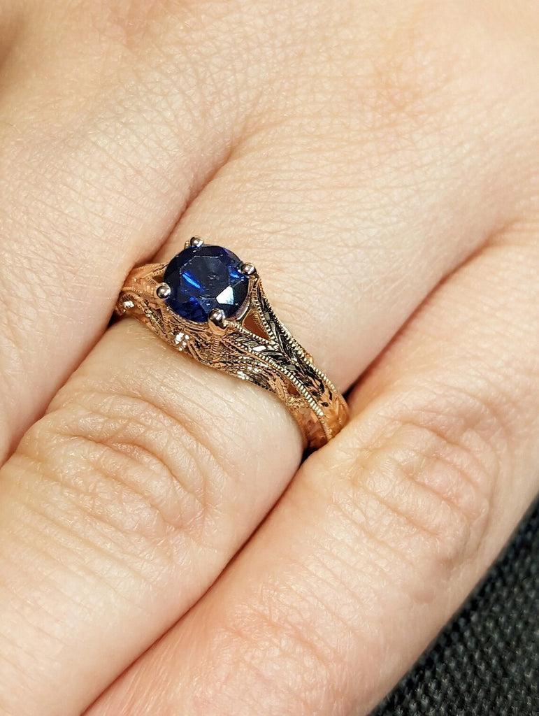 Round cut Lab Grown Blue Sapphire Solitaire Wedding Anniversary Cocktail Ring for Her, 14K 18K Rose Gold Split Shank Milgrain Filigree Band