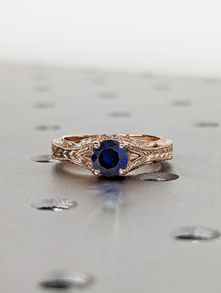Vintage Filigree Blue Sapphire Women Engagement Ring Gold Ring for Her