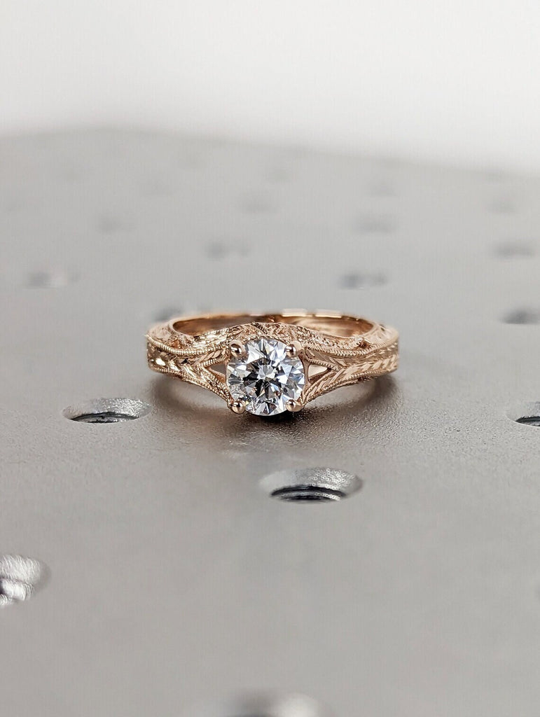 Art Deco Round Lab Created Diamond Promise Ring for Her Solid Gold Band Split Shank Filigree Engraving Alternative Bridal Jewelry