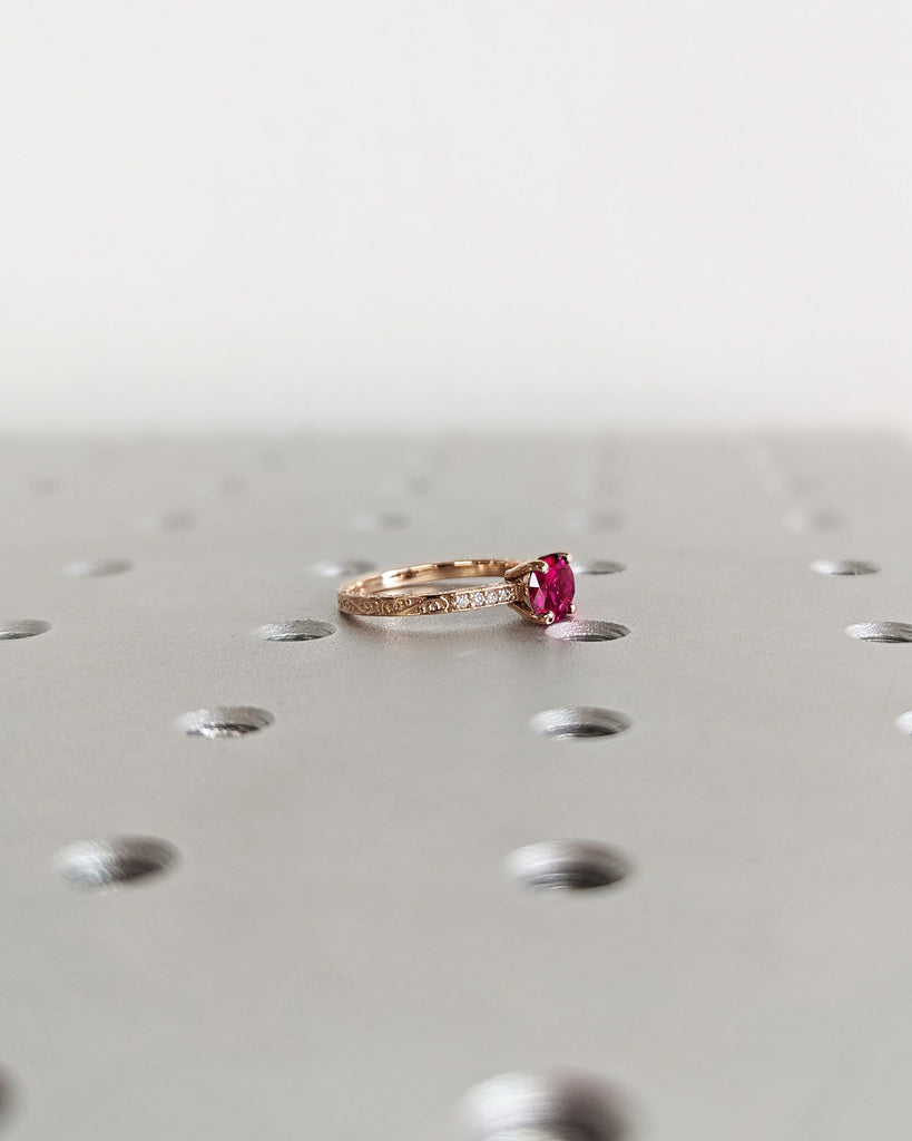 Round Ruby Ring 18K Solid Rose Gold Gemstone Engagement Ring For Women Dainty Promise Ring July Birthstone Anniversary Gift For Her Art Deco