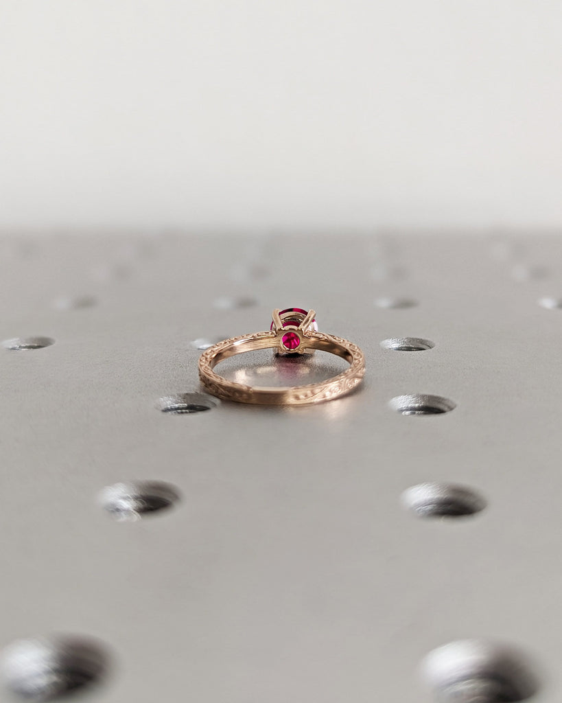 Round Ruby Ring 18K Solid Rose Gold Gemstone Engagement Ring For Women Dainty Promise Ring July Birthstone Anniversary Gift For Her Art Deco