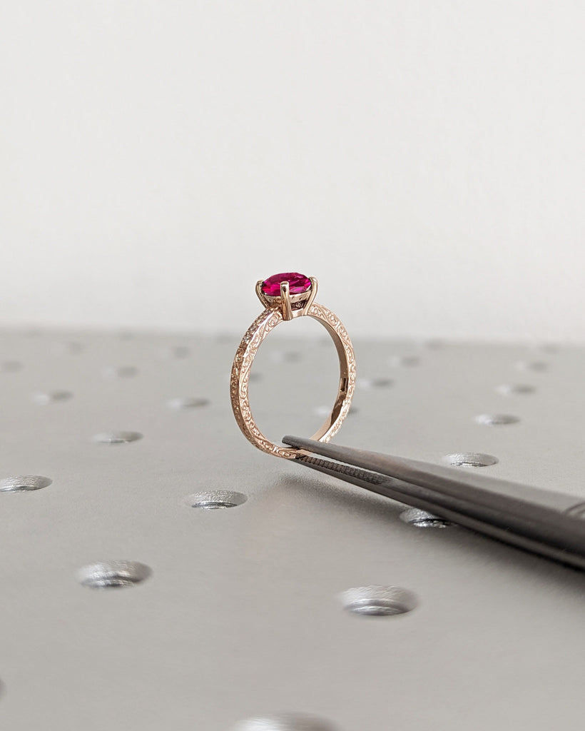 Round Ruby Ring 18K Solid Rose Gold Gemstone Engagement Ring For Women Dainty Promise Ring July Birthstone Anniversary Gift For Her Art Deco