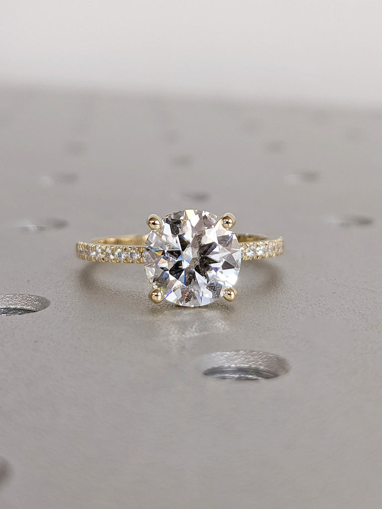 Art Deco Round Lab Grown Diamond Hidden Halo Women Engagement Cocktail Ring | 14K 18K Real Gold Dainty Moissanite Eternity Band for Her