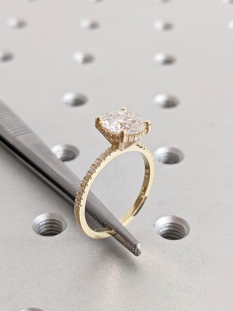 2ct Lab Diamond, Thin Yellow Gold Band Wedding Anniversary Ring | Paved Natural Diamond Hidden Halo Proposal Ring for Her | Timeless Jewelry