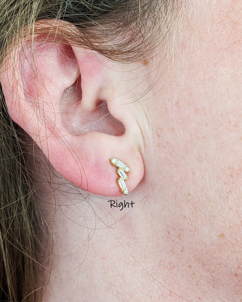 Round Baguette Cut Diamond Screw Back Stud Earrings Everyday Jewelry For Her. Yellow Rose White Gold, Platinum Single or Set Earrings