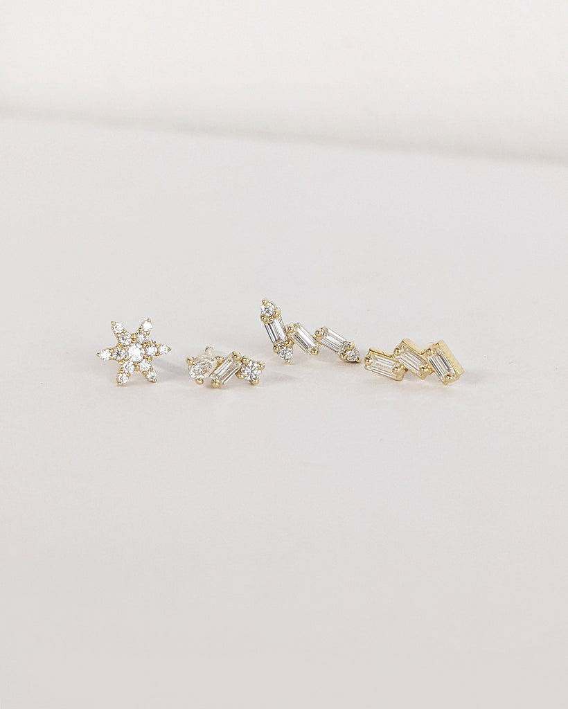 Trendy Everyday Diamond Studs Earring Set for Her. Solid Gold Platinum Single or Set Screw Back Earrings. Multi Stone Baguette, Round, Pear cut