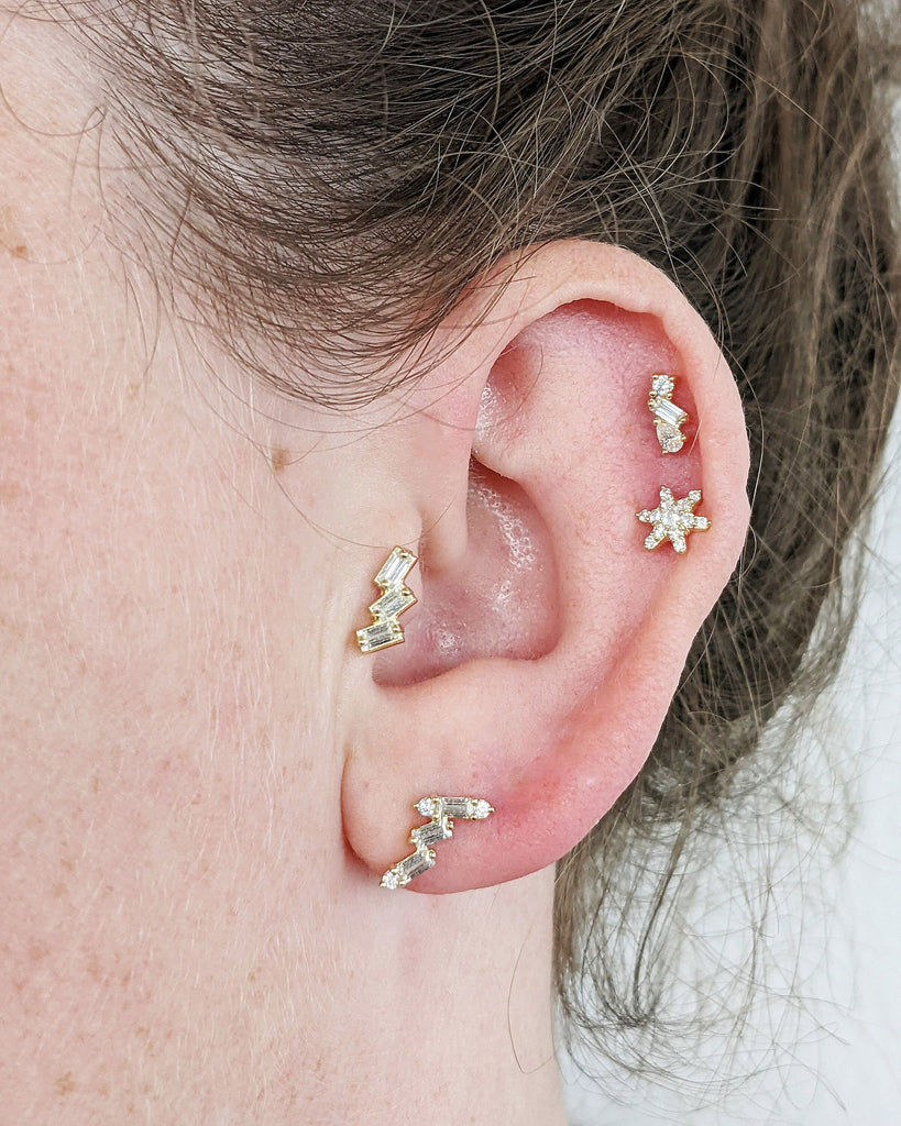 Minimalist Everyday Diamond Studs Earring Set for Her. Solid Gold Platinum Single or Set Screw Back Earrings. Multi Stone Baguette, Round, Pear cut